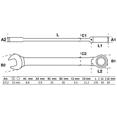 Klucz płasko-oczkowy z grzechotką | łamany | 12 mm - 2