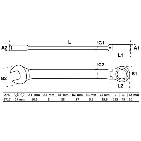 Klucz płasko-oczkowy z grzechotką | łamany | 17 mm - 2