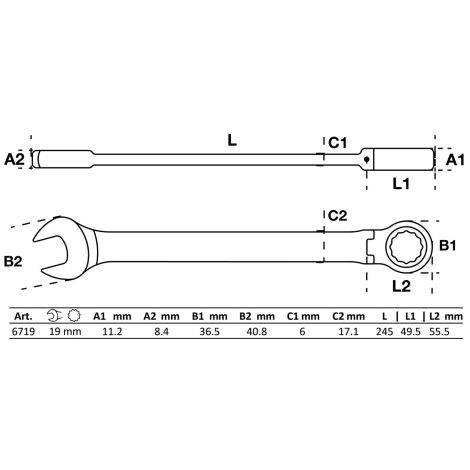 Klucz płasko-oczkowy z grzechotką | łamany | 19 mm - 2