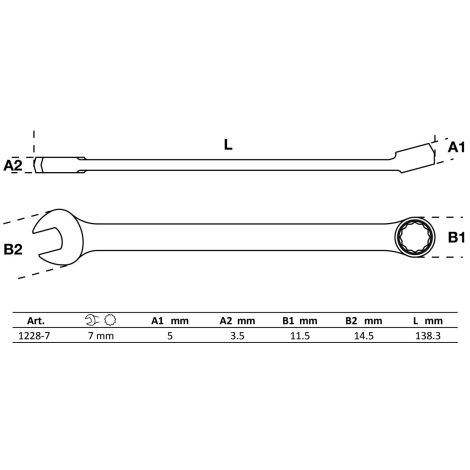 Klucz płasko-oczkowy | długi | 7 mm - 2